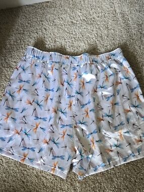 American Eagle Outfitters White Shorts with Blue and Orange Dragonfly Print